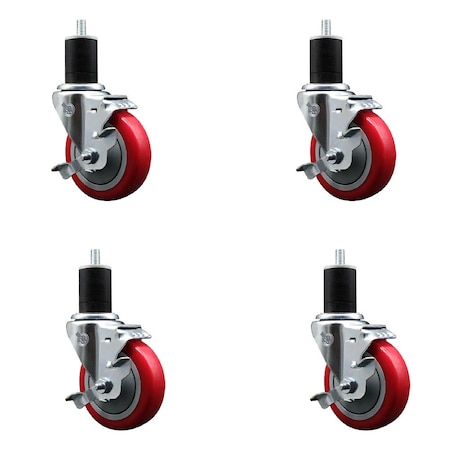 Service Caster 4'' Red Poly Swivel 1-3/4'' Expanding Stem Caster Set with Brake, 4PK SCC-EX20S414-PPUB-RED-TLB-134-4